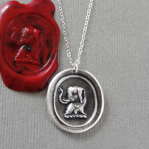 Good Luck Elephant - Silver Wax Seal Necklace - Strength Wit Fortune Symbol