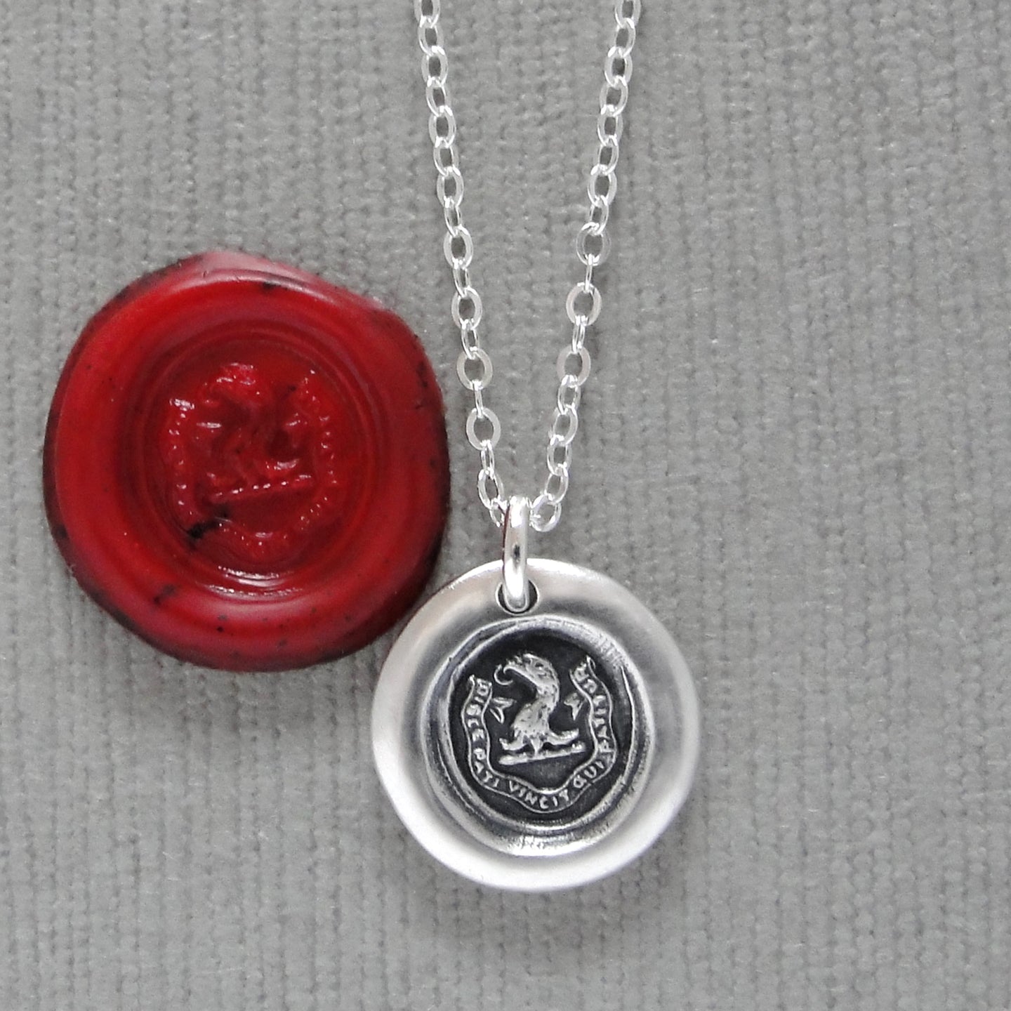 ndure And Conquer - Miniature Eagle Head Silver Wax Seal Necklace - Never Quit