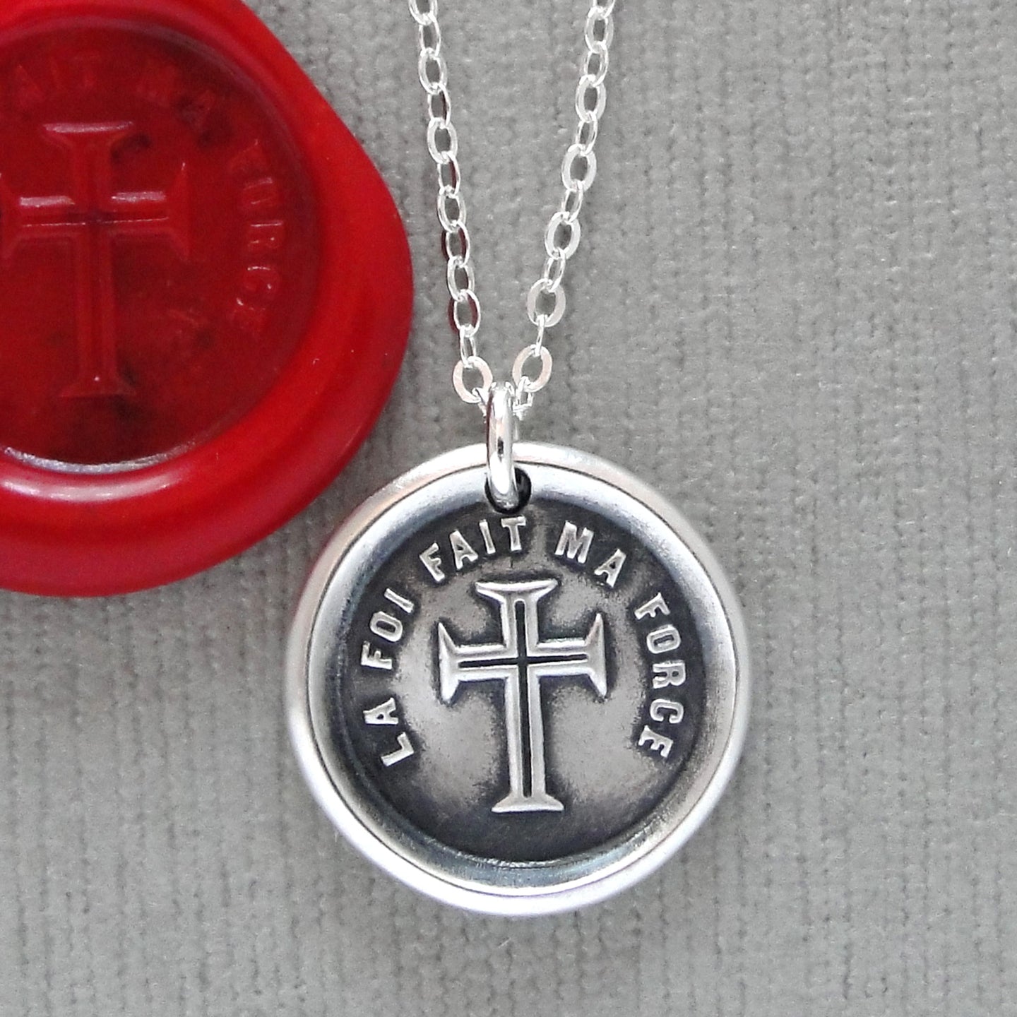 Faith Is My Strength Wax Seal Necklace - Antique Silver Cross Wax Seal Jewelry