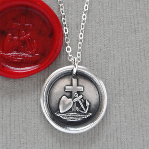 Faith Hope Love Wax Seal Necklace In Silver - Cross Anchor Heart symbols - RQP Studio