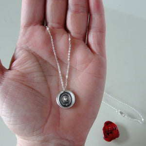 Yield Not To Misfortunes - Silver Wax Seal Necklace With Flaming Heart