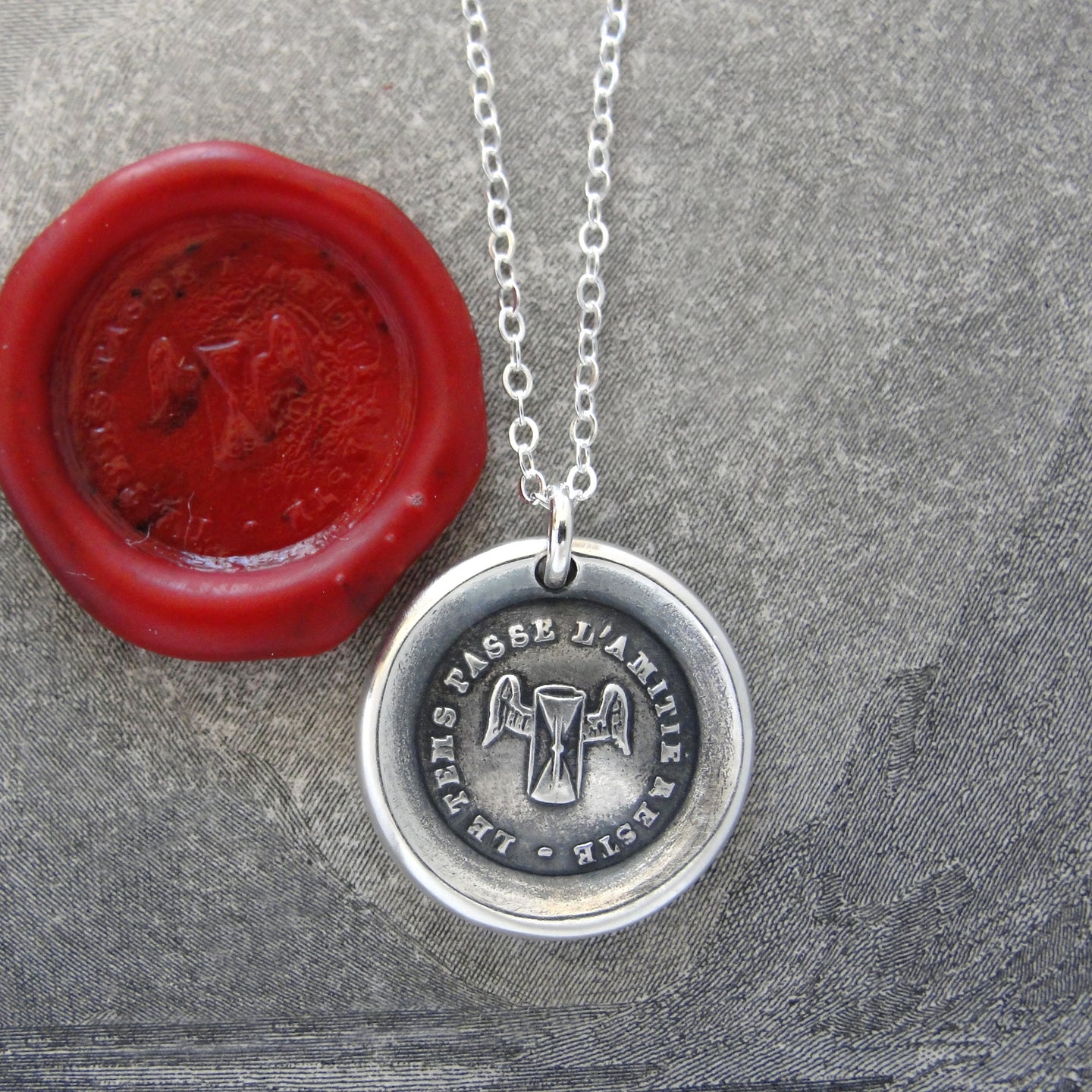 Silver Winged Hourglass Wax Seal Necklace - Time Passes But The Friendship Remains - RQP Studio