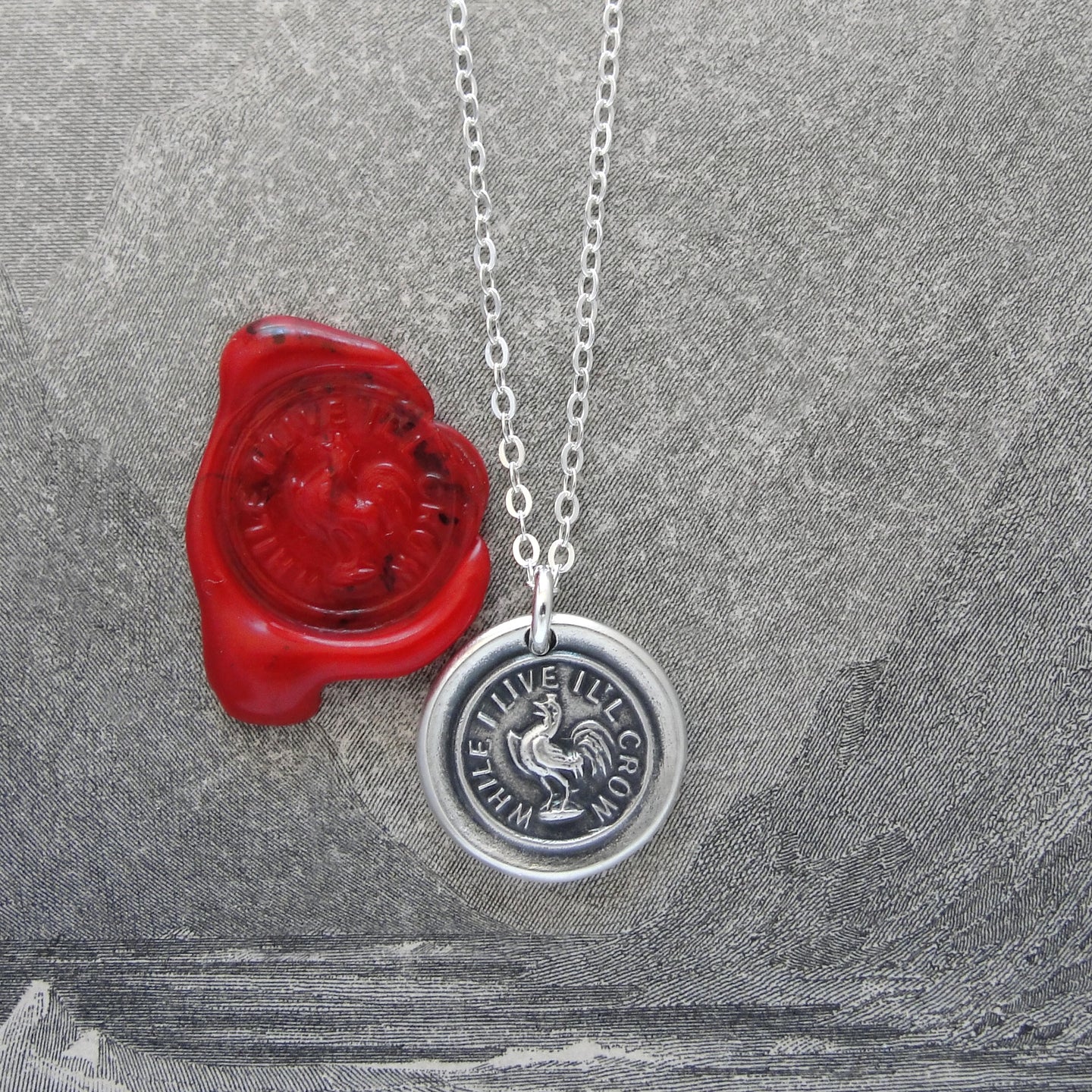 While I Live I'll Crow - Silver Gamecock Wax Seal Necklace Stay Cocky - RQP Studio