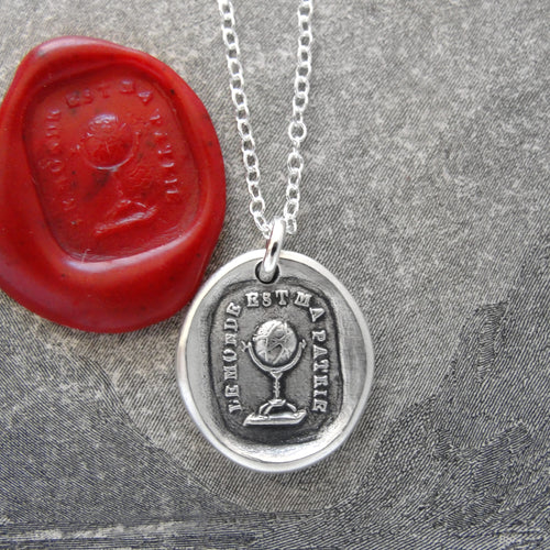 The World Is My Home - Silver Wax Seal Necklace - Globe Trotter Gallivanter Traveler - RQP Studio