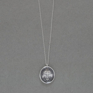 God's Grace Uplifts Wax Seal Necklace In Silver - Antique Wax Seal Jewelry Latin Motto Cross Heart Faith