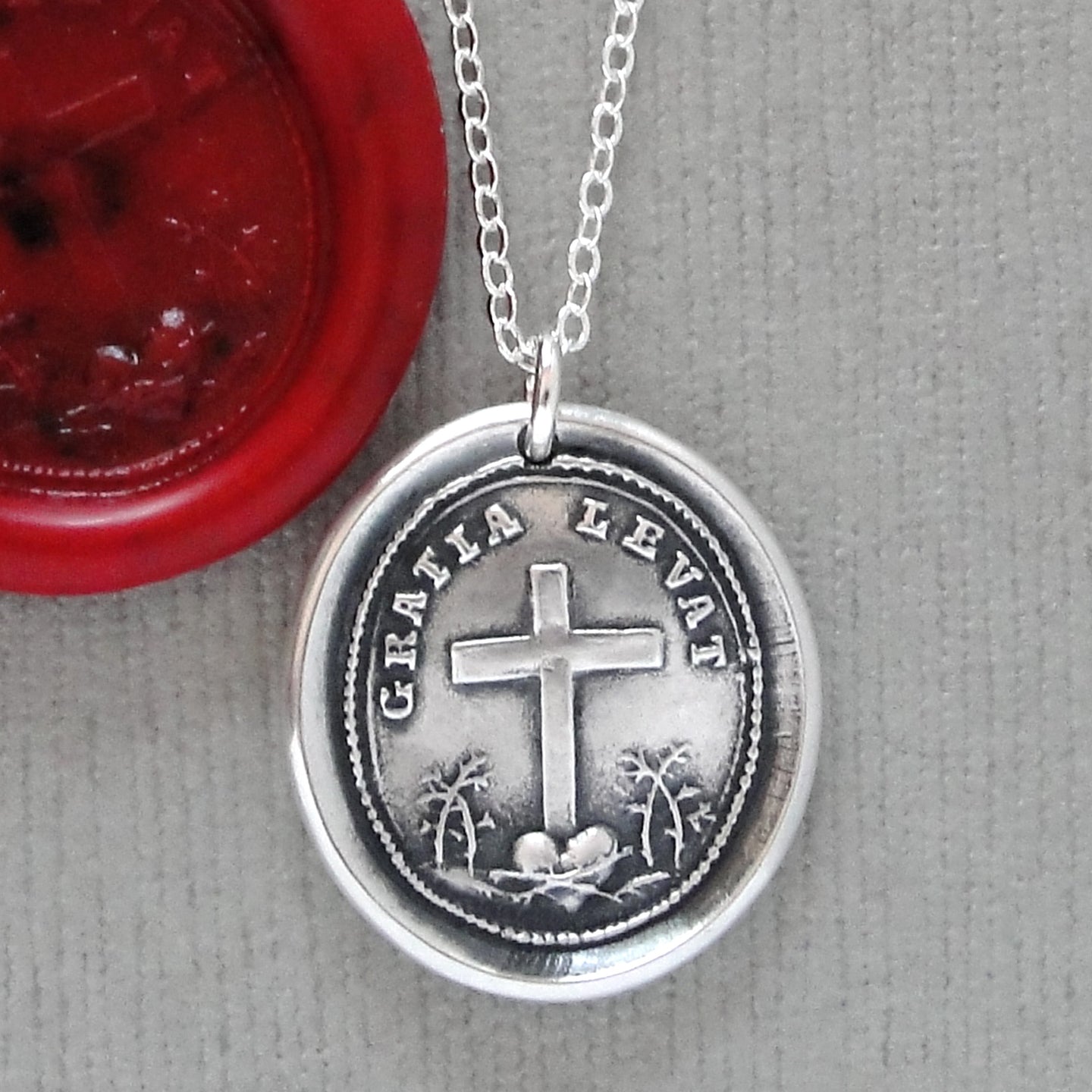 God's Grace Uplifts Wax Seal Necklace In Silver - Antique Wax Seal Jewelry Latin Motto Cross Heart Faith