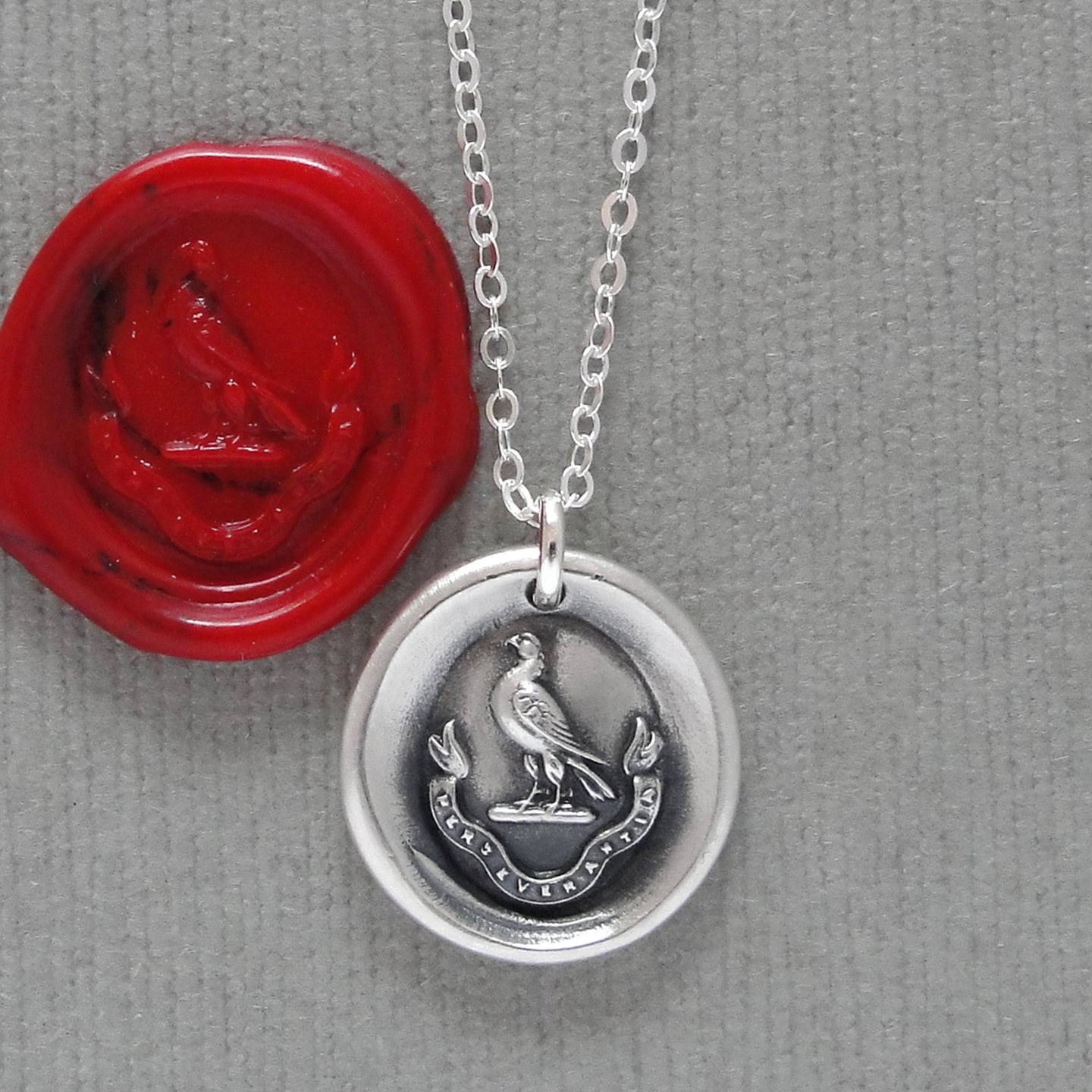 Perseverance - Silver Wax Seal Necklace Tiny Hawk - Keep Going Achieve Goals