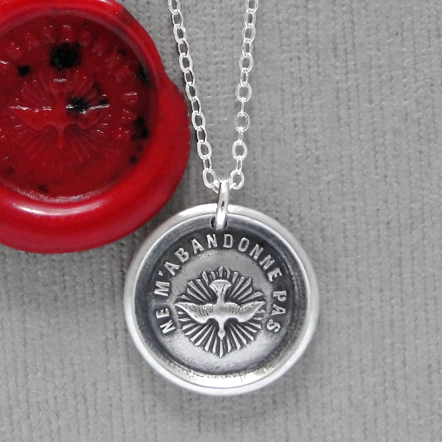 Holy Spirit Wax Seal Necklace In Silver - Forsake Me Not Antique Wax Seal Jewelry