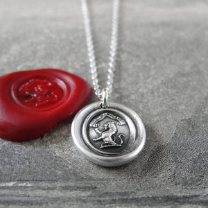 Honor And Virtue - Tiny Silver Lion Wax Seal Necklace Bravery Motto