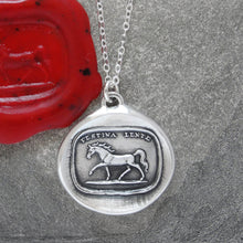 Load image into Gallery viewer, Make Haste Slowly - Silver Horse Wax Seal Necklace - Equestrian Jewelry
