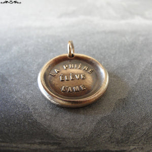 Prayer Uplifts The Soul Wax Seal Charm - antique wax seal charm jewelry French motto quote proverb pendant - RQP Studio