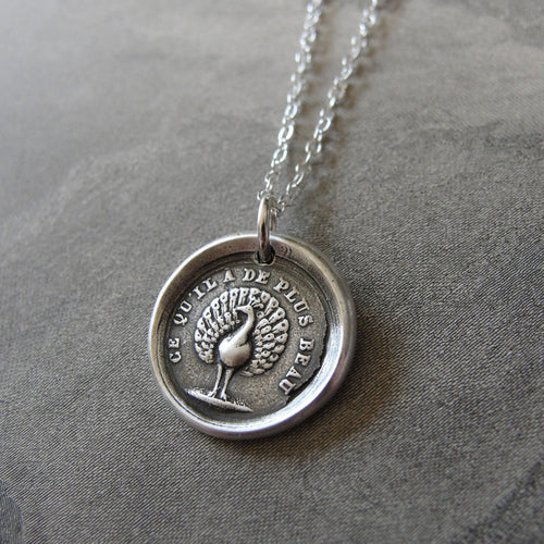 Peacock Wax Seal Necklace - antique wax seal charm jewelry Beauty Knowledge Power French motto - RQP Studio