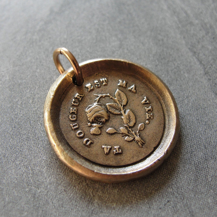 Thy Sweetness Wax Seal Charm - antique wax seal jewelry pendant butterfly and rose French love motto - RQP Studio