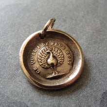 Load image into Gallery viewer, Peacock Wax Seal Charm - French motto The Most Beautiful - bronze wax seal jewelry - RQP Studio
