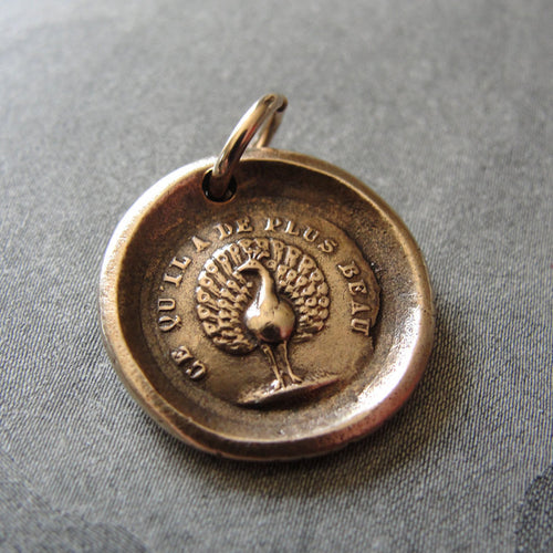 Peacock Wax Seal Charm - French motto The Most Beautiful - bronze wax seal jewelry - RQP Studio
