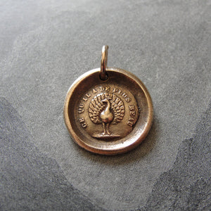 Peacock Wax Seal Charm - French motto The Most Beautiful - bronze wax seal jewelry - RQP Studio