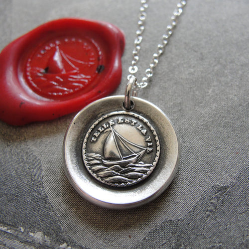 Such Is Life Wax Seal Necklace - antique wax seal charm jewelry Sail Boat French motto - RQP Studio