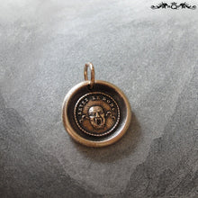 Load image into Gallery viewer, Wax Seal Charm Theatre Mask- antique wax seal jewelry in bronze with French motto - RQP Studio
