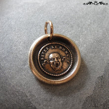 Load image into Gallery viewer, Wax Seal Charm Theatre Mask- antique wax seal jewelry in bronze with French motto - RQP Studio
