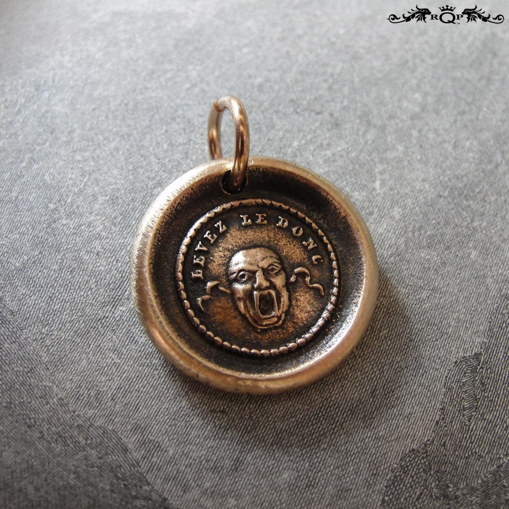 Wax Seal Charm Theatre Mask- antique wax seal jewelry in bronze with French motto - RQP Studio