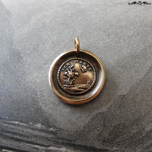 Wax Seal Charm - Flower and Butterfly - antique wax seal jewelry German motto I Wait - RQP Studio