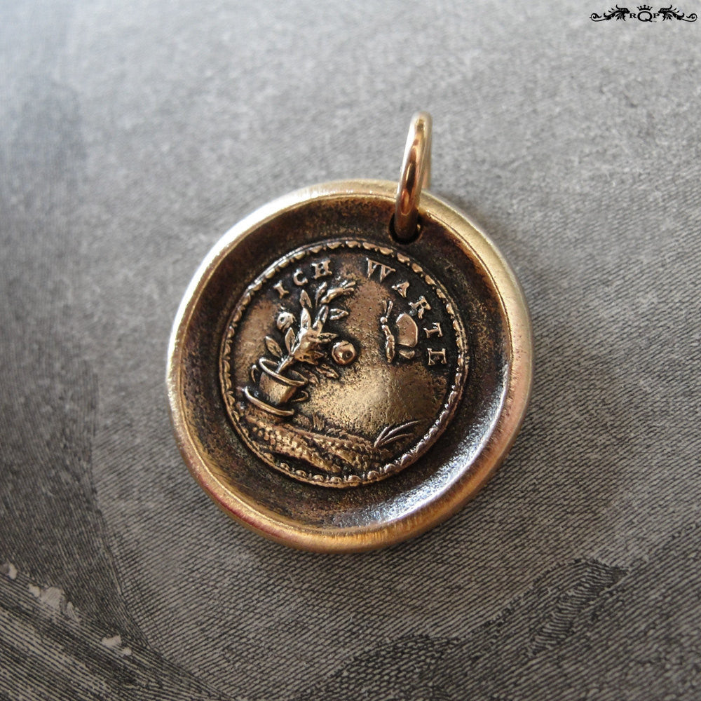 Wax Seal Charm - Flower and Butterfly - antique wax seal jewelry German motto I Wait - RQP Studio