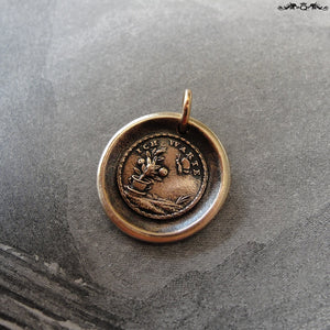 Wax Seal Charm - Flower and Butterfly - antique wax seal jewelry German motto I Wait - RQP Studio