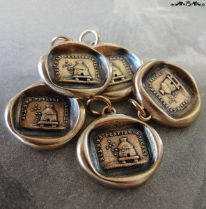 Beehive Wax Seal Charm - Protect Secrets antique wax seal jewelry pendant with bees and hive in bronze - RQP Studio