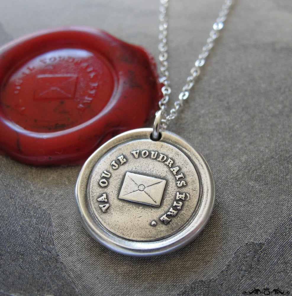 Go Where I Wish To Be - Wax Seal Necklace with message letter - antique wax seal charm jewelry - RQP Studio