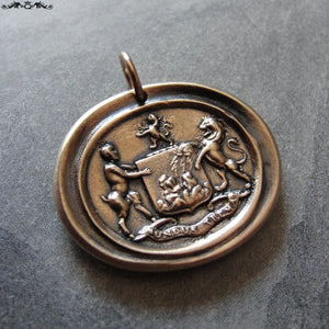 Wax Seal Charm Satyr & Lion crest - antique wax seal jewelry pendant Latin strength motto The World Trembles - RQP Studio