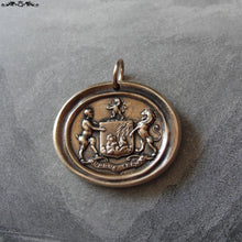 Load image into Gallery viewer, Wax Seal Charm Satyr &amp; Lion crest - antique wax seal jewelry pendant Latin strength motto The World Trembles - RQP Studio
