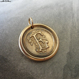 Wax Seal Charm Initial E - wax seal jewelry letter E pendant alphabet in bronze - RQP Studio
