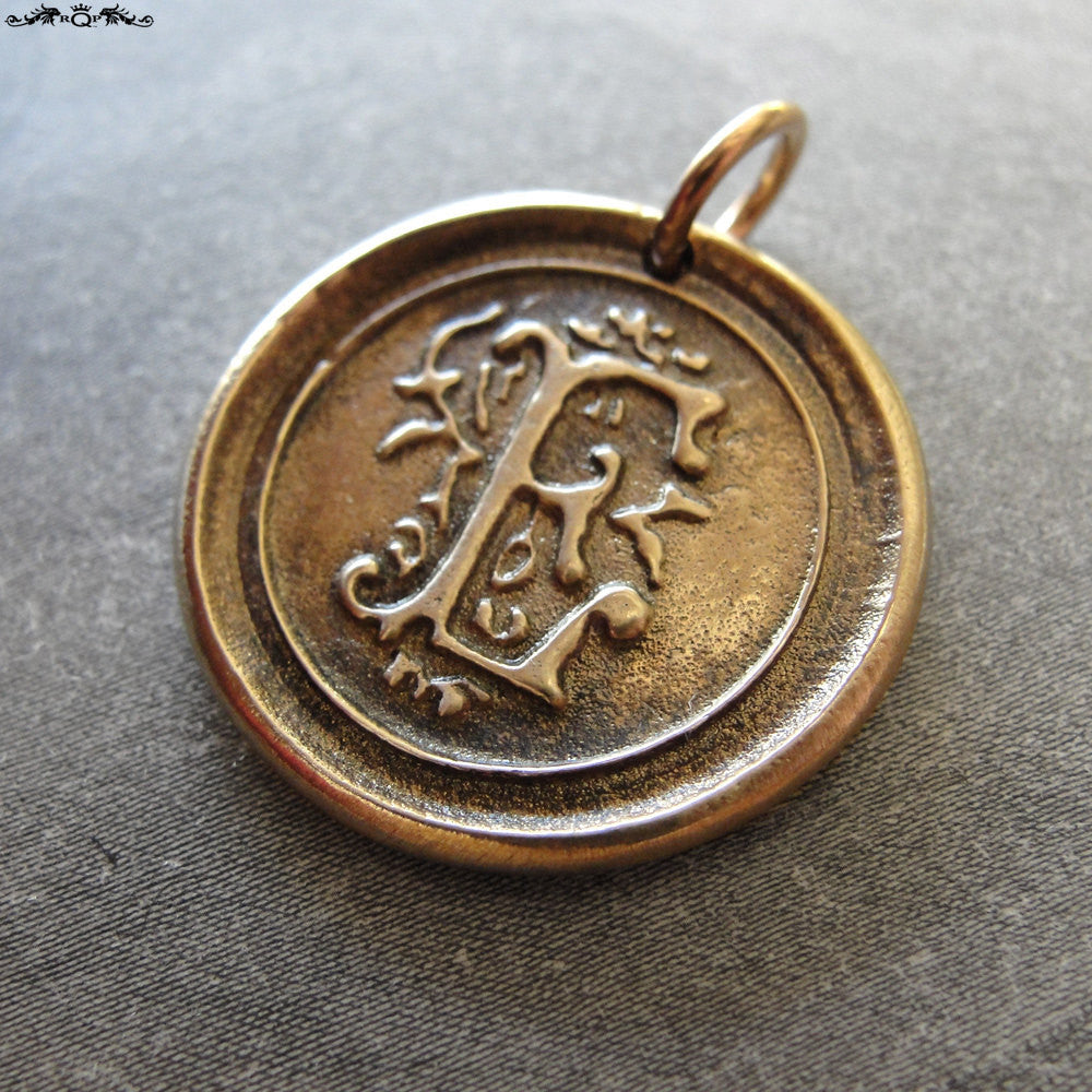 Wax Seal Charm Initial E - wax seal jewelry letter E pendant alphabet in bronze - RQP Studio