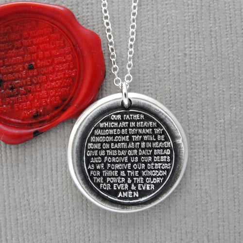 Lord's Prayer Wax Seal Necklace - Antique Silver Wax Seal Charm Jewelry Our Father