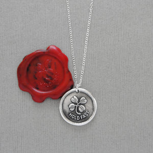 Lucky Clover Wax Seal Necklace - Hold Fast Good Luck Motto Antique Silver Shamrock Wax Seal Jewelry