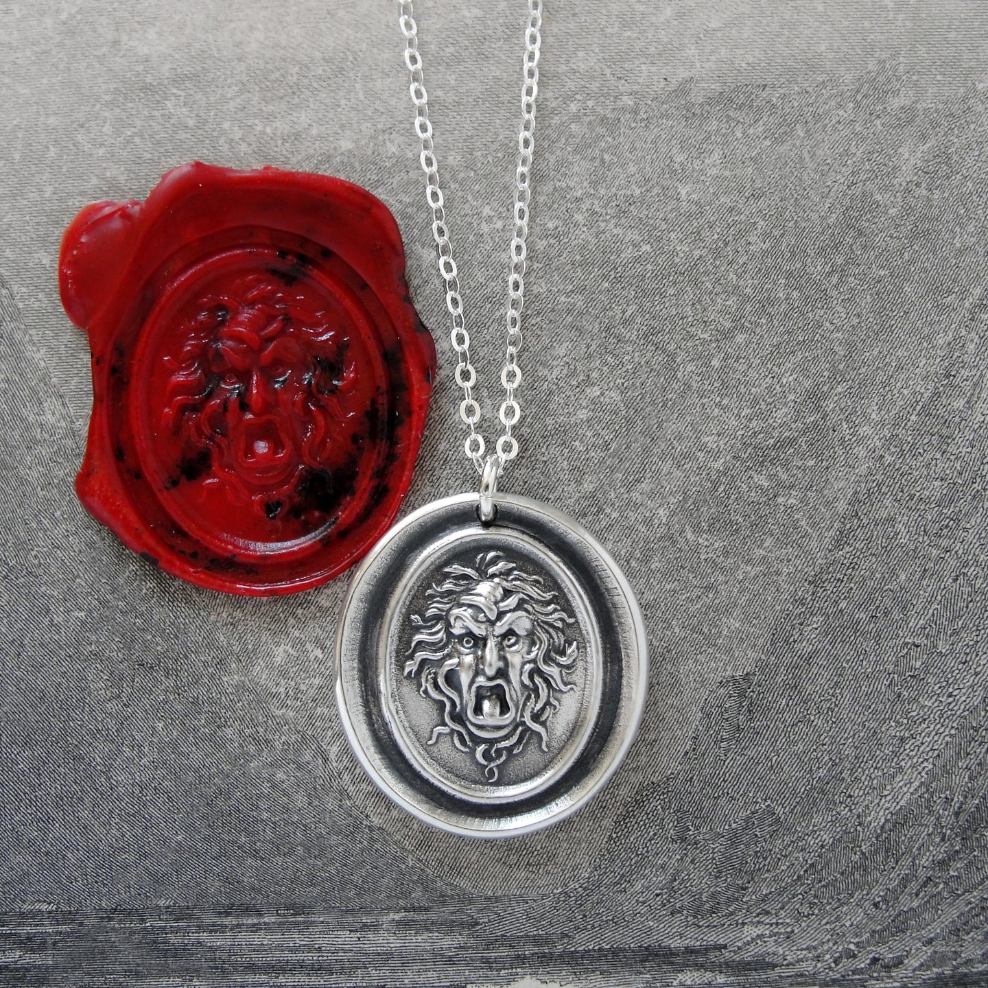 Medusa - Silver Wax Seal Necklace - Guardian Protectress Gorgoneion Protective Amulet - RQP Studio