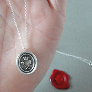 Memento Mori Silver Wax Seal Necklace - Skull Bones Crown of Life Remember Your mortality Jewelry