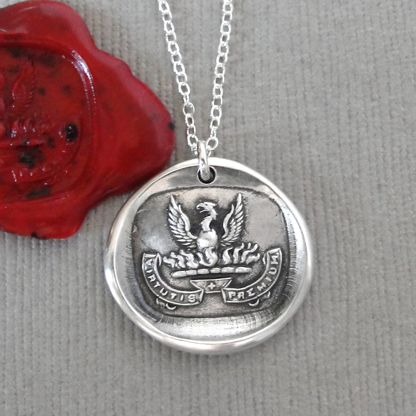 Phoenix Wax Seal Necklace - Courage And Its Reward Antique Silver Wax Seal Charm Jewelry
