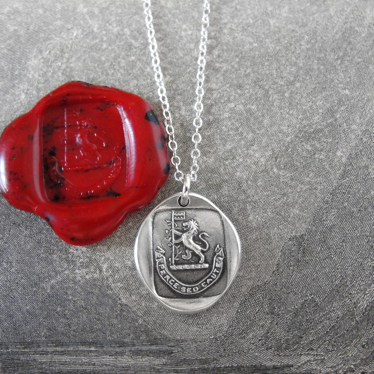 Proceed With Caution - Silver Wax Seal Necklace - Rampant Lion Flag Bearer Bravery - RQP Studio