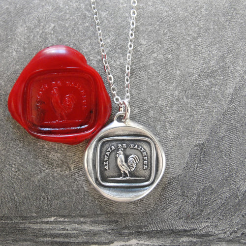 Silver Rooster Wax Seal Necklace - Always Be Faithful - Vigilance Courage - RQP Studio