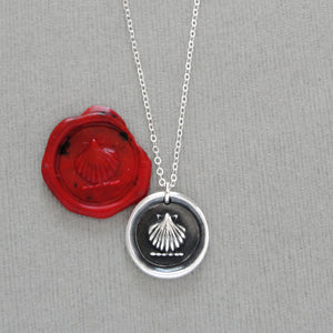 Shell Wax Seal Necklace - Antique Silver Escallop Wax Seal Jewelry Traveler Voyager
