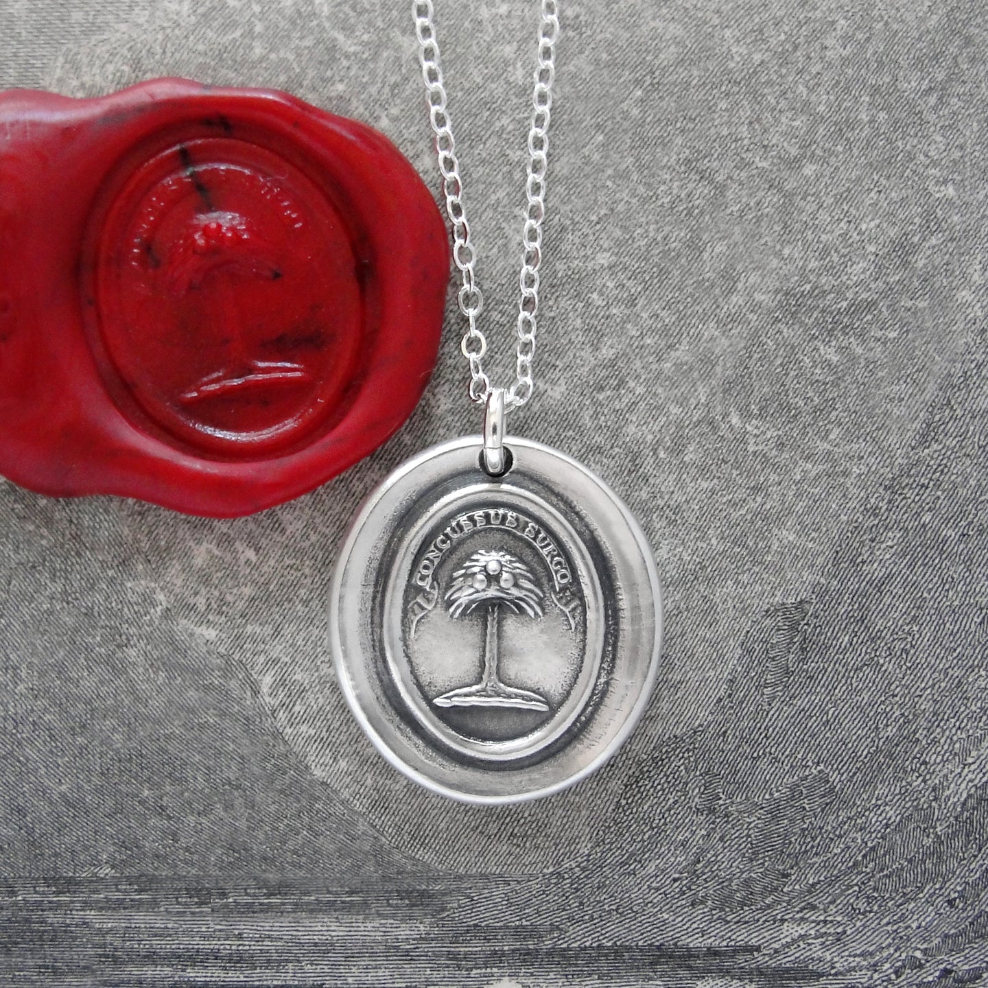 Silver Wax Seal Necklace with Palm Tree - When Struck I Rise - RQP Studio