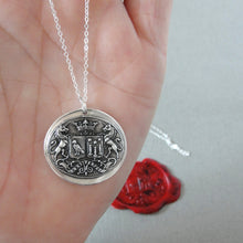 Load image into Gallery viewer, Unicorn Crest Birds Stars - Silver Wax Seal Necklace Latin motto Promise Of Time
