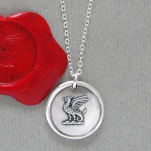 Wyvern Silver Wax Seal Necklace - Antique Mythical Dragon Protection Symbol
