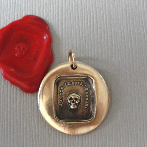 Skull Wax Seal Pendant - antique wax seal jewelry Memento Mori charm French motto - Remember Your Mortality - RQP Studio