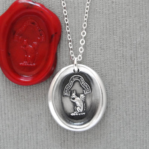 Squirrel Wax Seal Necklace - Wise Is The Person Who Looks Ahead - antique wax seal jewelry necklace Latin motto in silver
