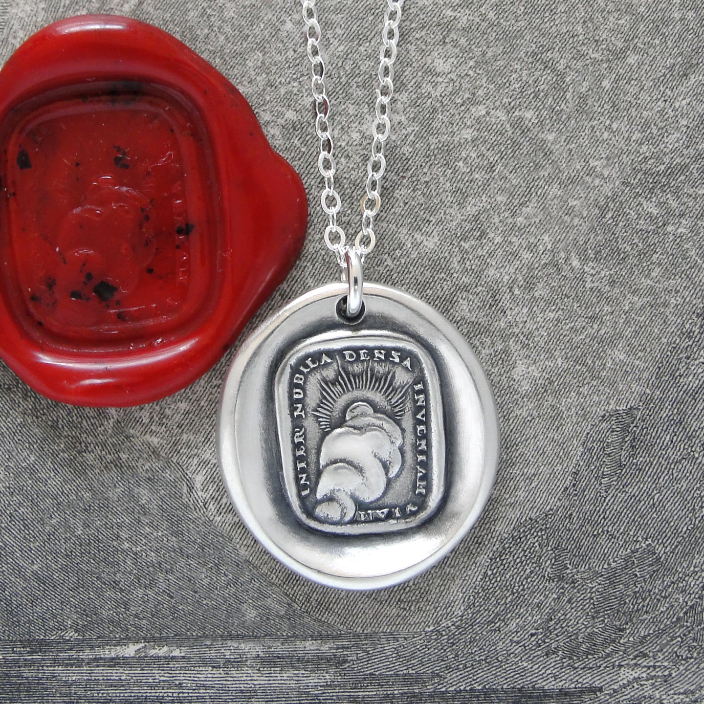 Silver Sun Wax Seal Necklace - Through Thickest Clouds I Find My Way motto