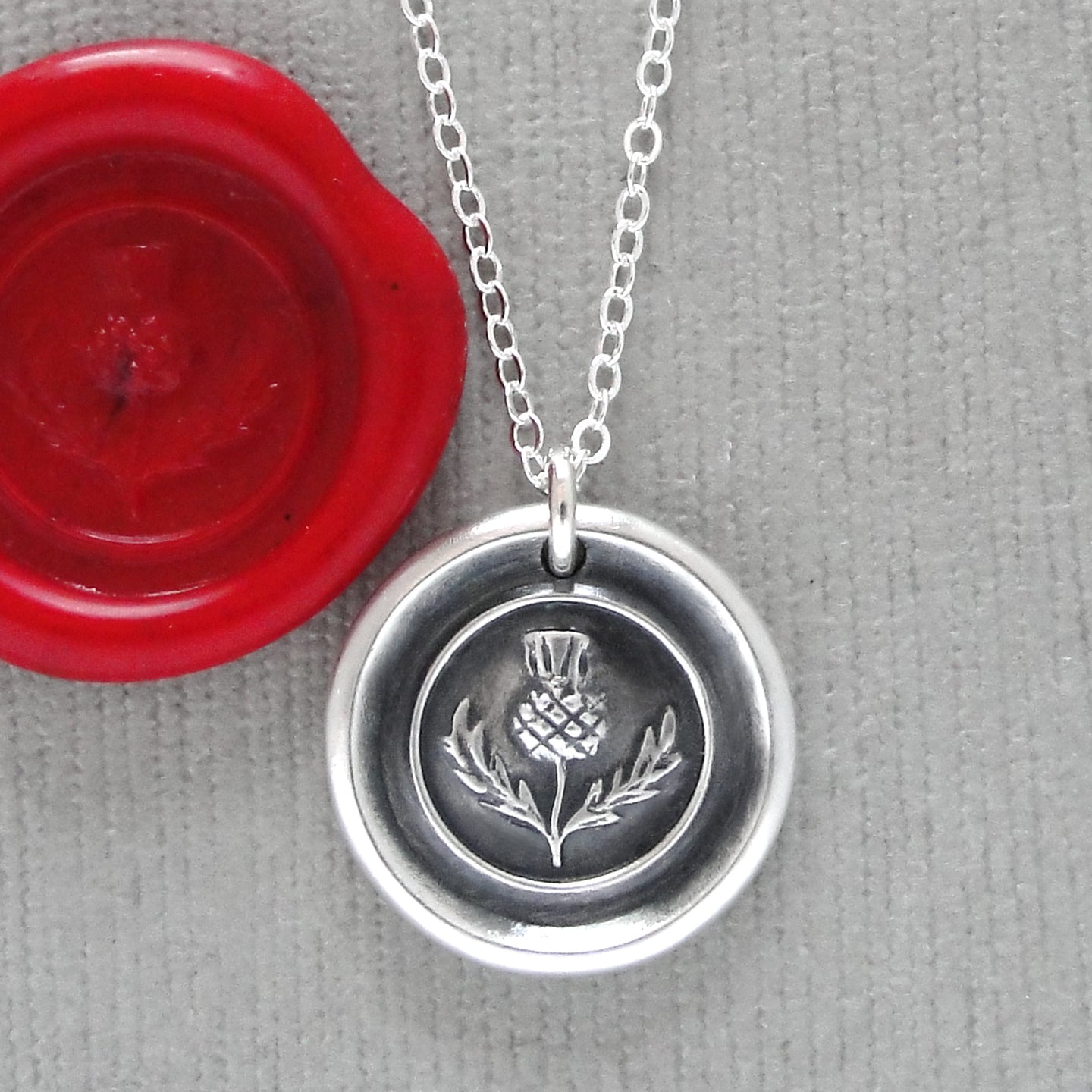 Thistle Wax Seal Necklace In Silver - Scottish heritage emblem jewelry - RQP Studio