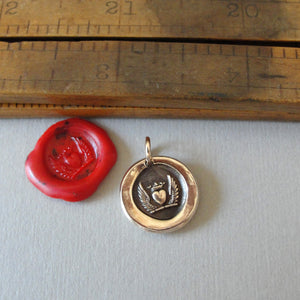 Winged Heart With Crown Wax Seal Charm - Love - Antique Wax Seal Jewelry In Bronze