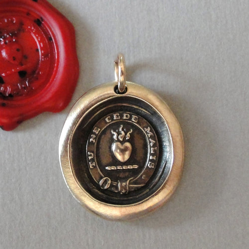 Yield Not To Misfortunes - Wax Seal Pendant With Flaming Heart - Antique Bronze Wax Seal Jewelry Don't Give Up
